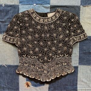 80s fully beaded silk papell boutique evening top size M vintage black silver